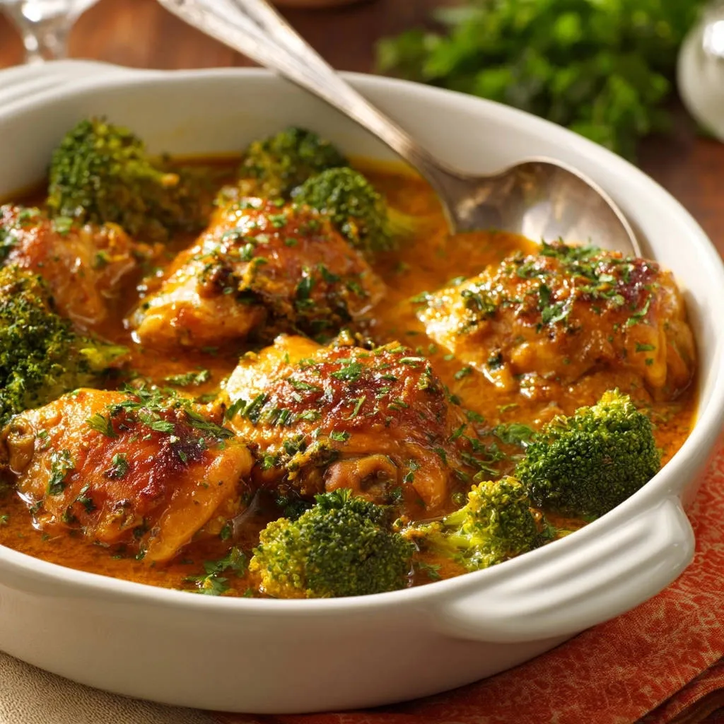 Comfort chicken and broccoli braise shown in a white dish with a spoon, featuring tender chicken and bright green broccoli florets in a creamy sauce.