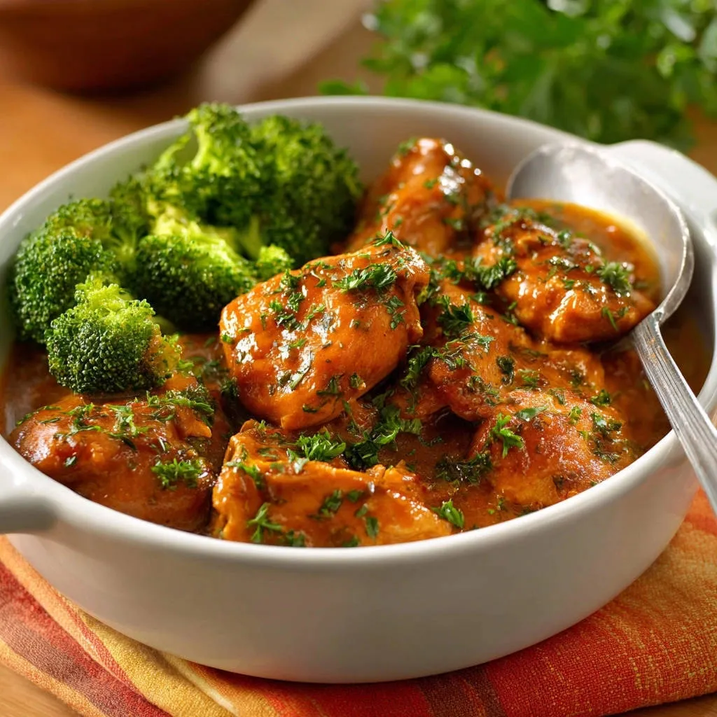 Comfort Chicken and Broccoli Braise served in a bowl, with a spoonful lifting tender chicken pieces from the creamy sauce.