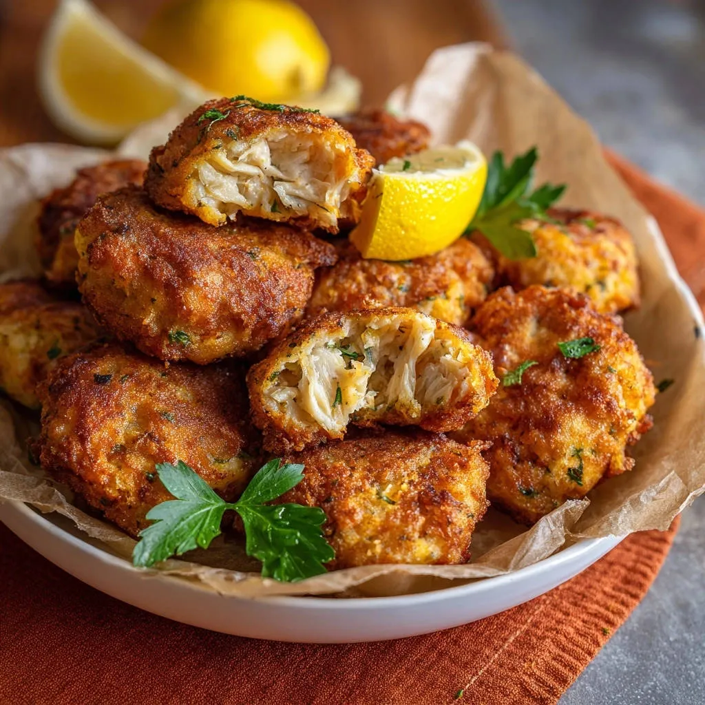 Crispy crab-style cakes with a close-up view of the flaky interior and fresh parsley garnish.