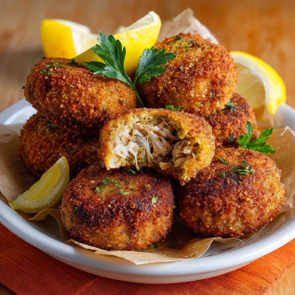 Crispy Crab-Style Cakes cross-section with lemon wedges and parsley garnish on a white plate.