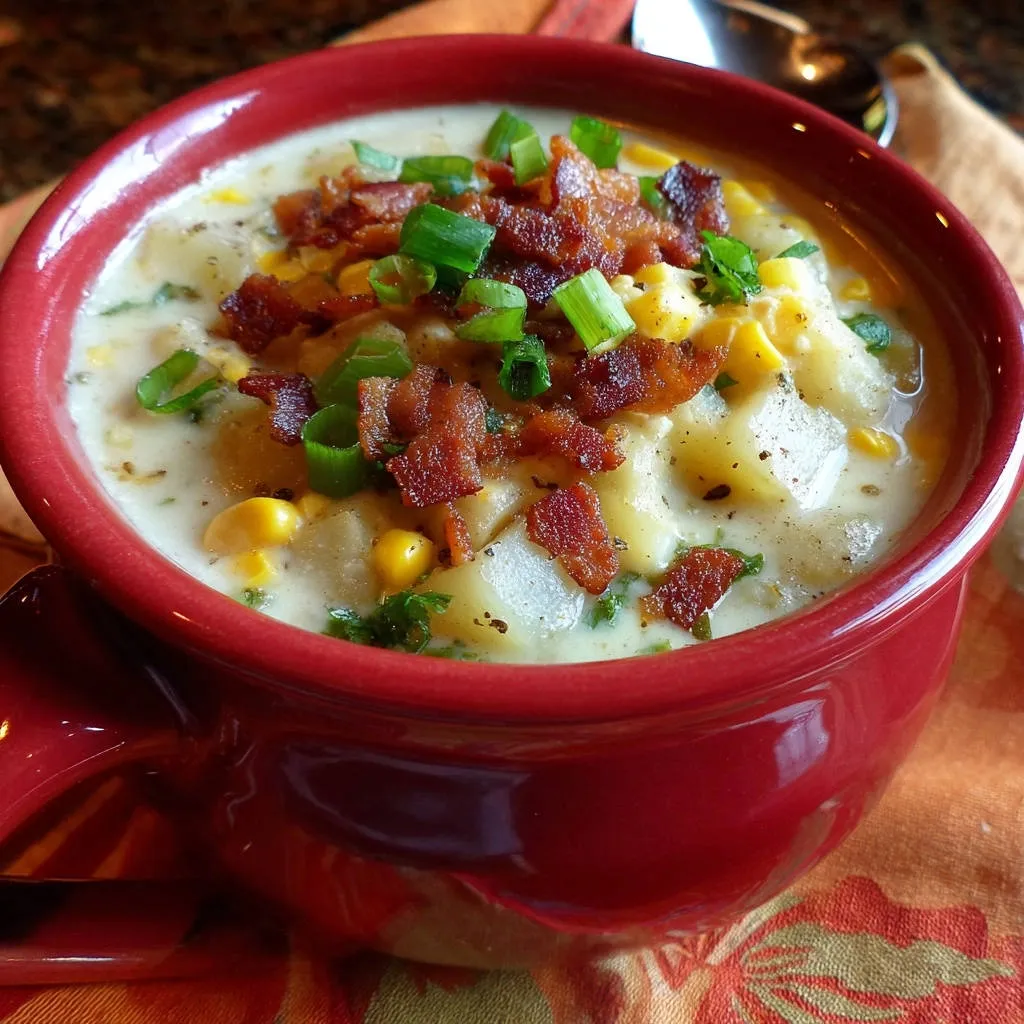 Creamy bacon corn and potato chowder served in a red bowl, topped with crumbled bacon and green onions.