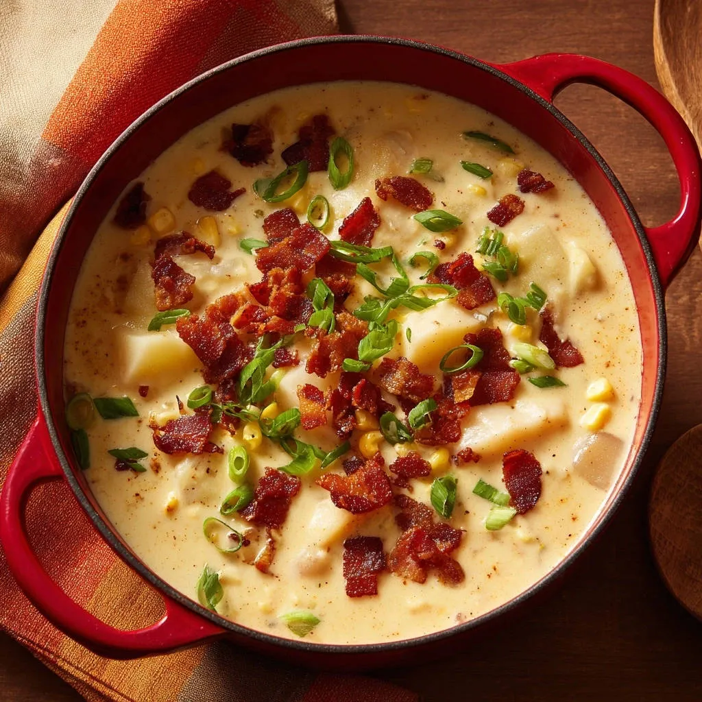 Creamy bacon corn and potato chowder served in a red Dutch oven, viewed from directly above, garnished with bacon and scallions.