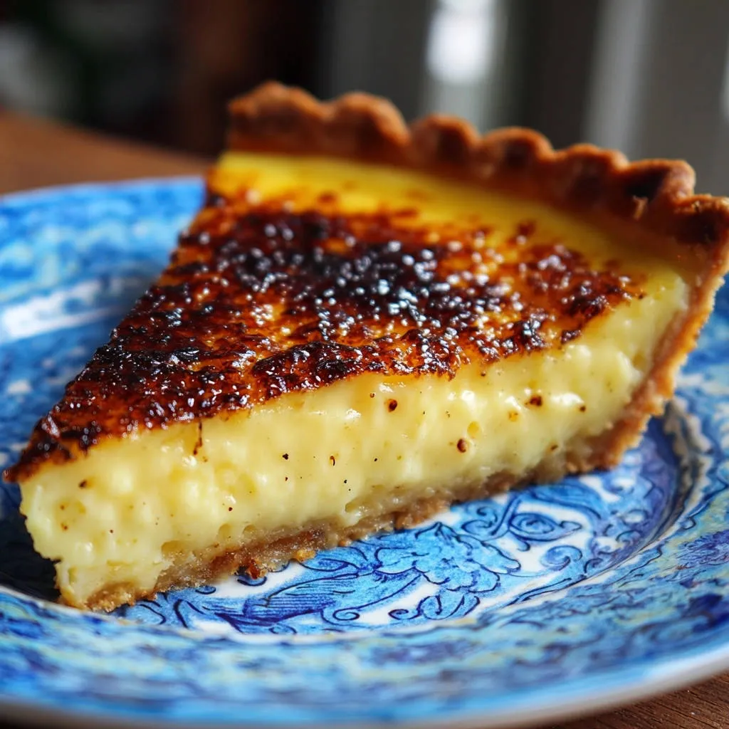 Creamy baked custard tart slice showing its silky smooth interior texture and caramelized topping.