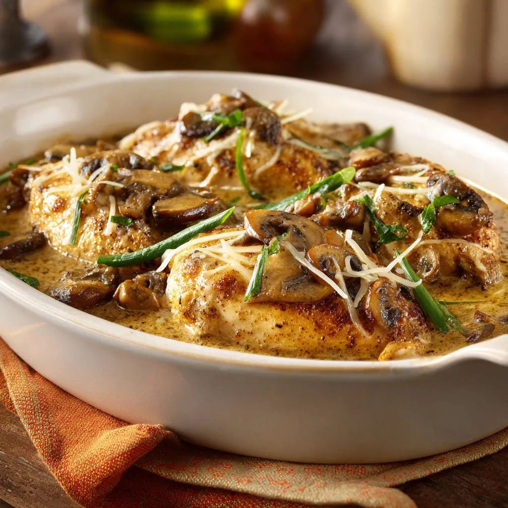 Creamy baked mushroom chicken served in a white baking dish, garnished with cheese and green onions.