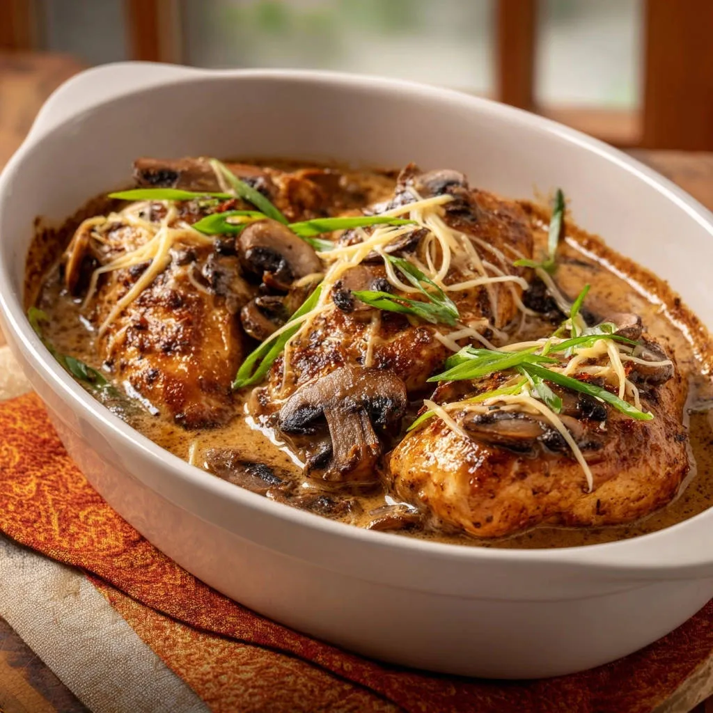 Creamy baked mushroom chicken is shown in a white baking dish, garnished with cheese and green onions.