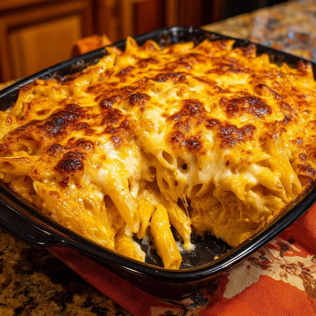 Ultra creamy baked penne casserole with a golden-brown cheesy topping, shown in a close-up view.