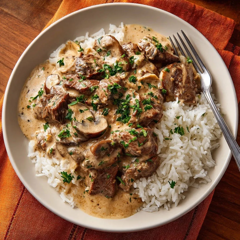 Creamy beef and mushroom stroganoff served over white rice on a plate with a fork, garnished with parsley.