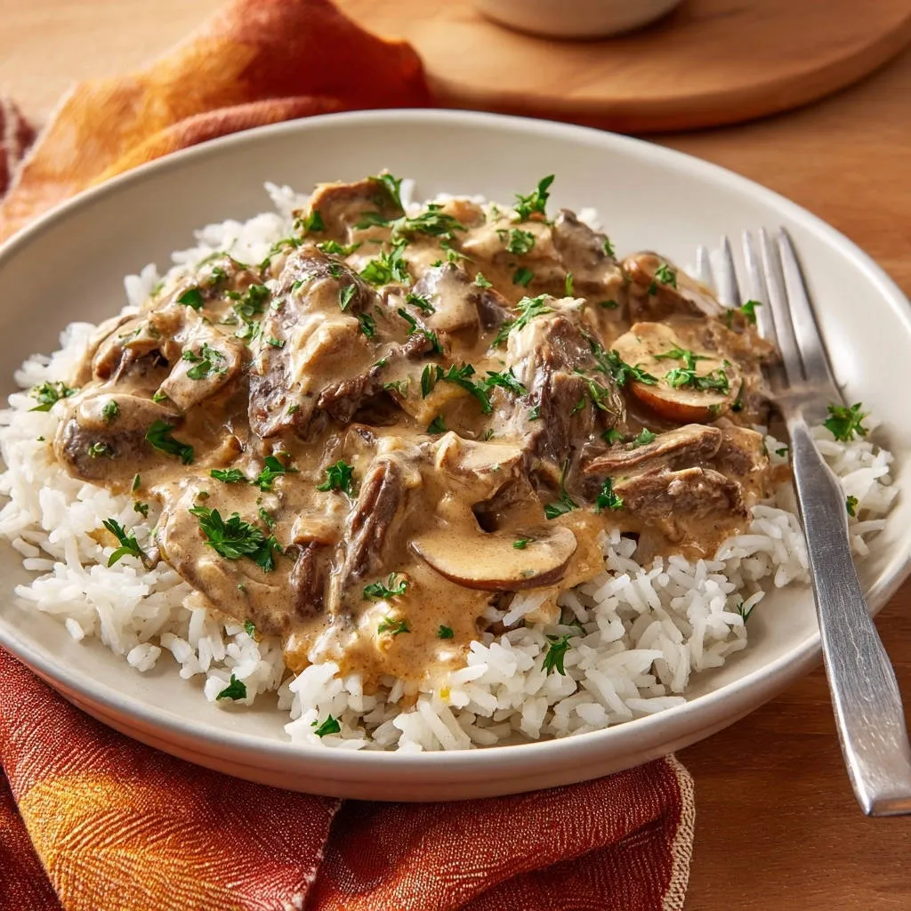 Creamy beef and mushroom stroganoff served over white rice on a plate with a fork, garnished with parsley.