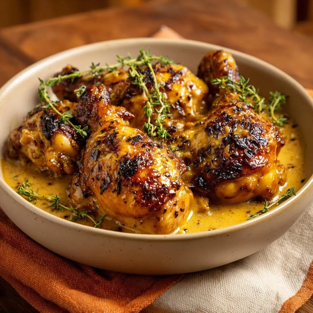 Creamy black pepper chicken thighs served in a bowl, garnished with fresh thyme sprigs and a rich sauce.