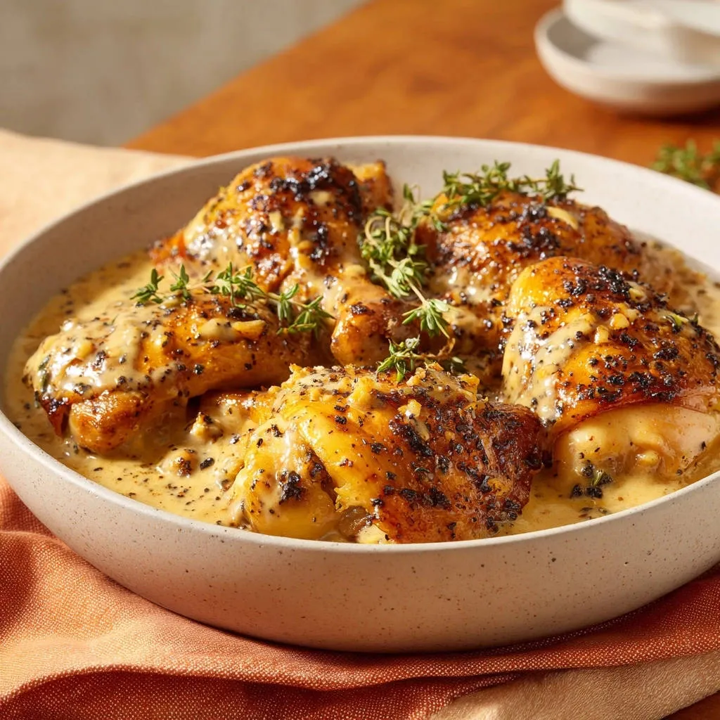 Creamy black pepper chicken thighs served in a bowl, showing a close-up of the saucy and tender pieces with fresh thyme garnish.