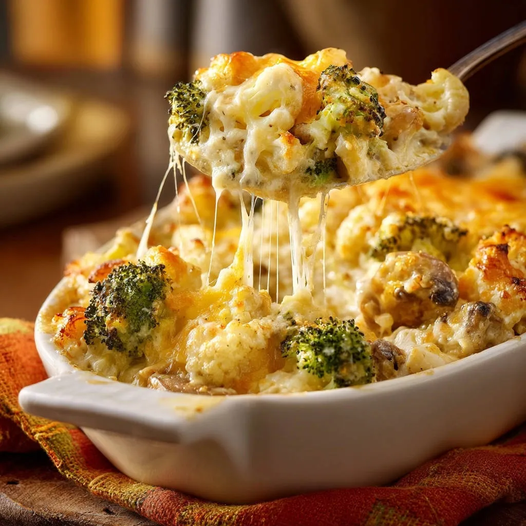 Creamy broccoli and cauliflower bake with a close-up detail of melted cheese stretching from a serving spoon.