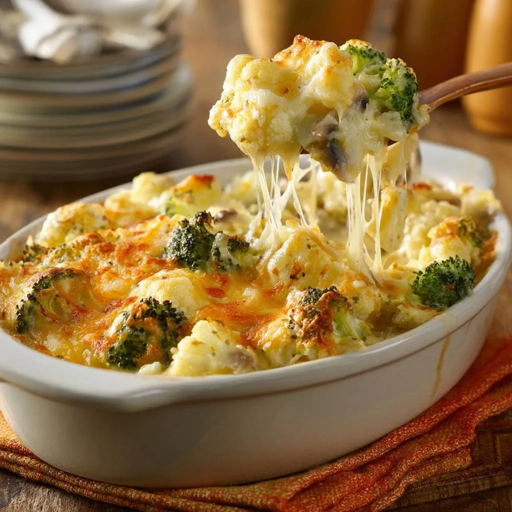 Creamy broccoli and cauliflower bake being scooped with a wooden spoon, showing melted cheese strands.