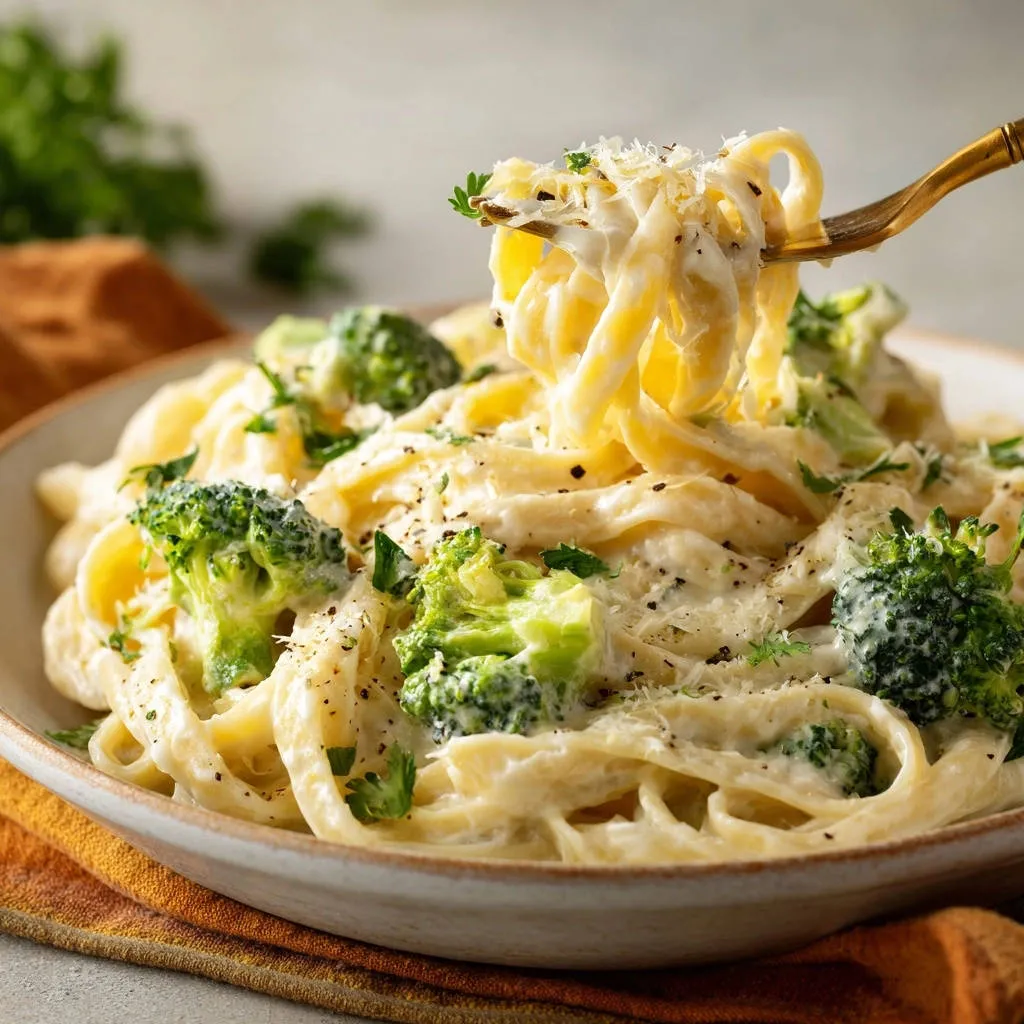 Creamy broccoli pasta with fettuccine twirled on a fork, showcasing its thick, clingy sauce and fresh broccoli florets.