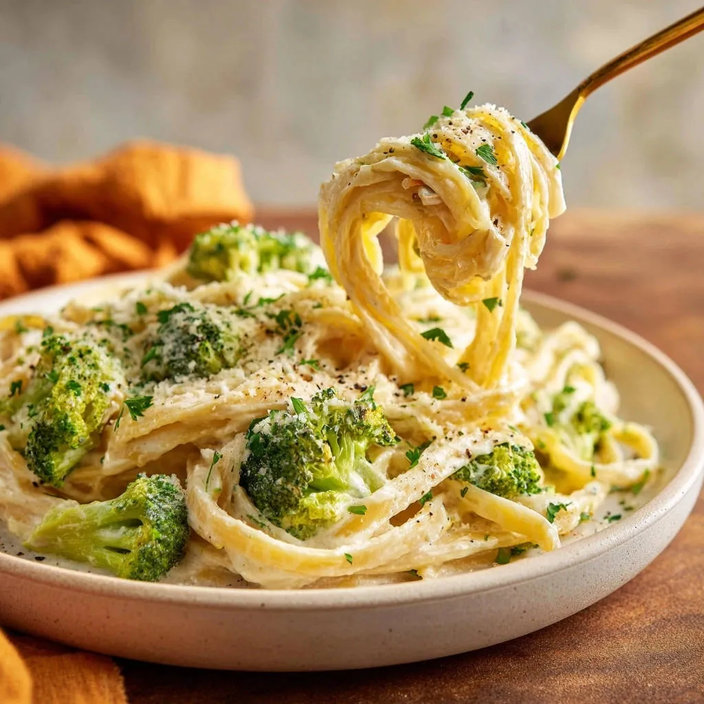 Creamy broccoli pasta twirled on a fork, showcasing the clingy sauce and fresh broccoli florets.