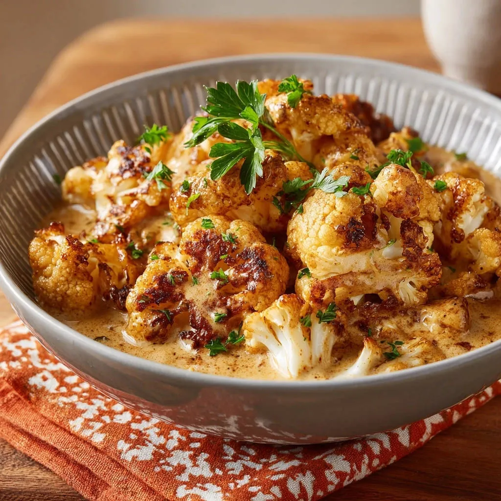 Creamy browned cauliflower served in a bowl with a close-up view of the rich sauce and garnish.