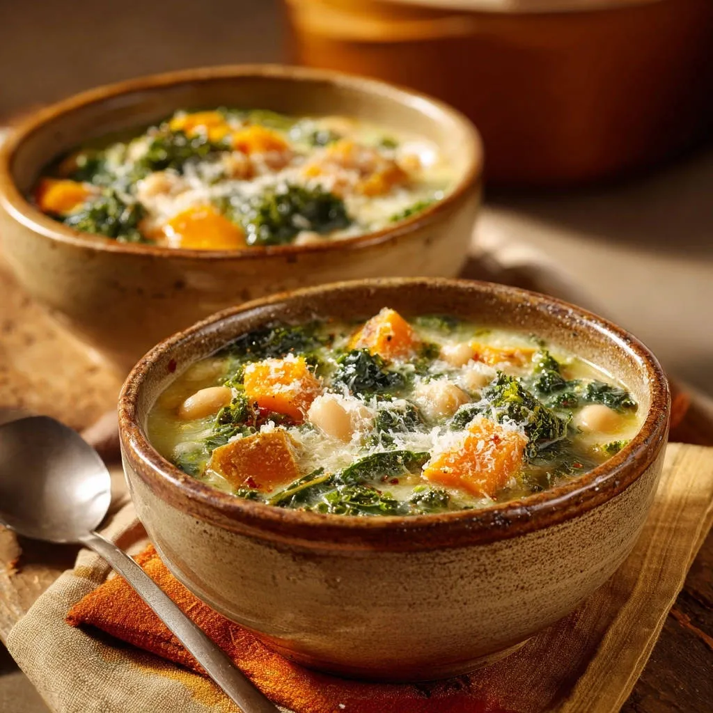 Creamy butternut squash and kale white bean soup served in two rustic bowls, topped with Parmesan cheese.