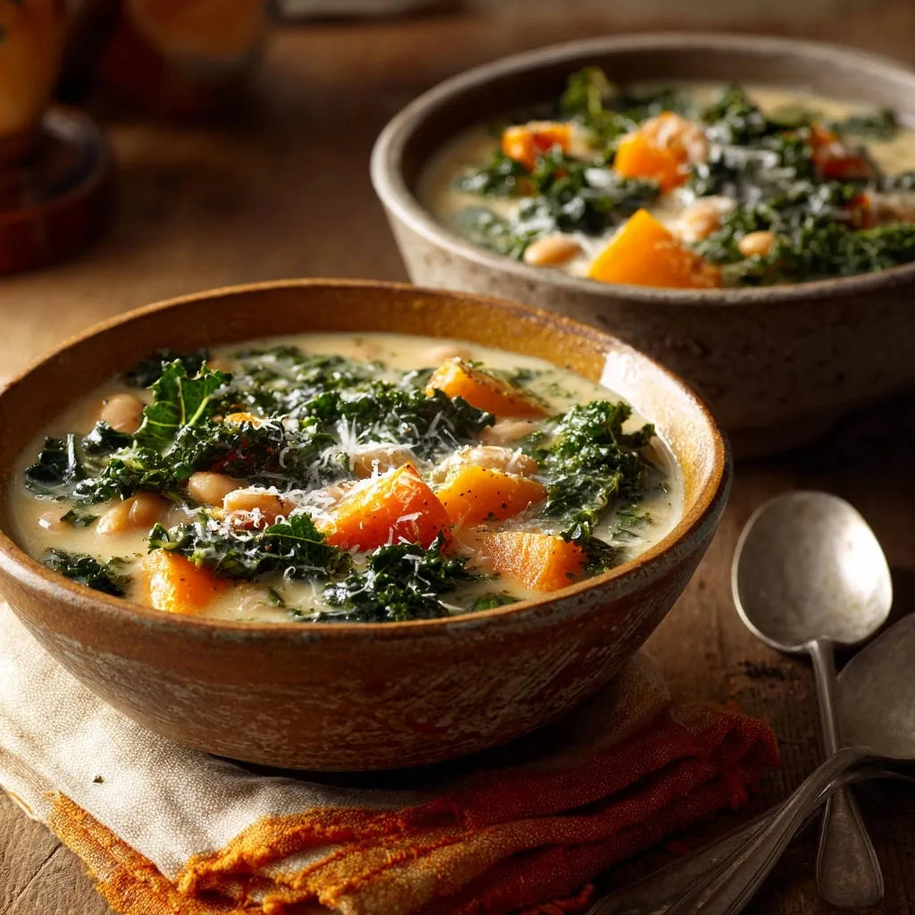 Creamy butternut squash and kale white bean soup served in two rustic bowls, with a close-up view of the hearty ingredients.