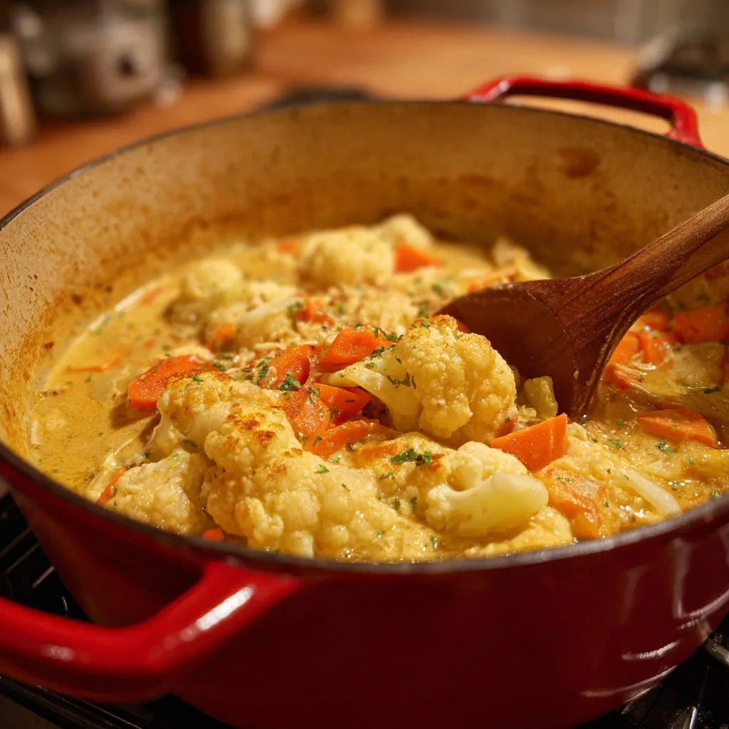 Creamy cauliflower and carrot chowder being served with a wooden spoon from a red Dutch oven.
