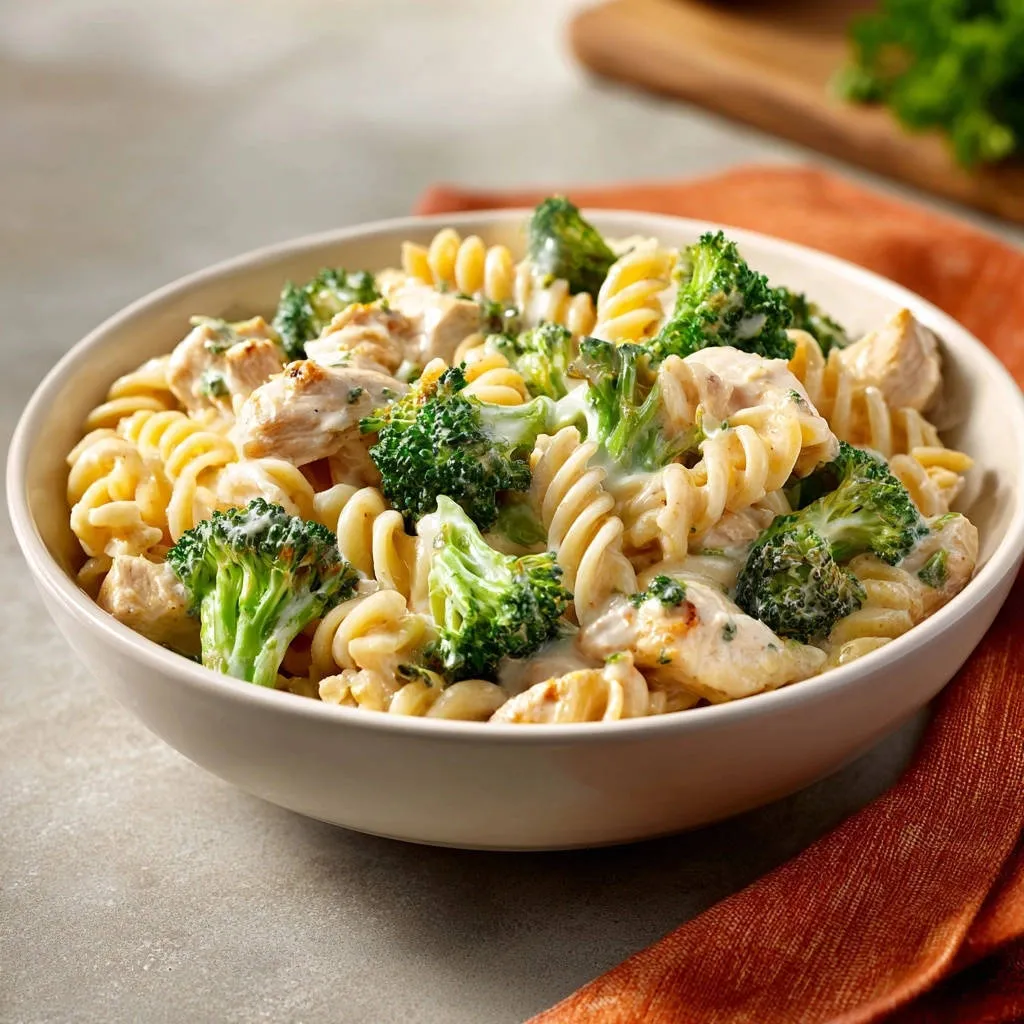 Creamy chicken and broccoli rotini in a bowl, showcasing the clinging sauce and spiral pasta texture.