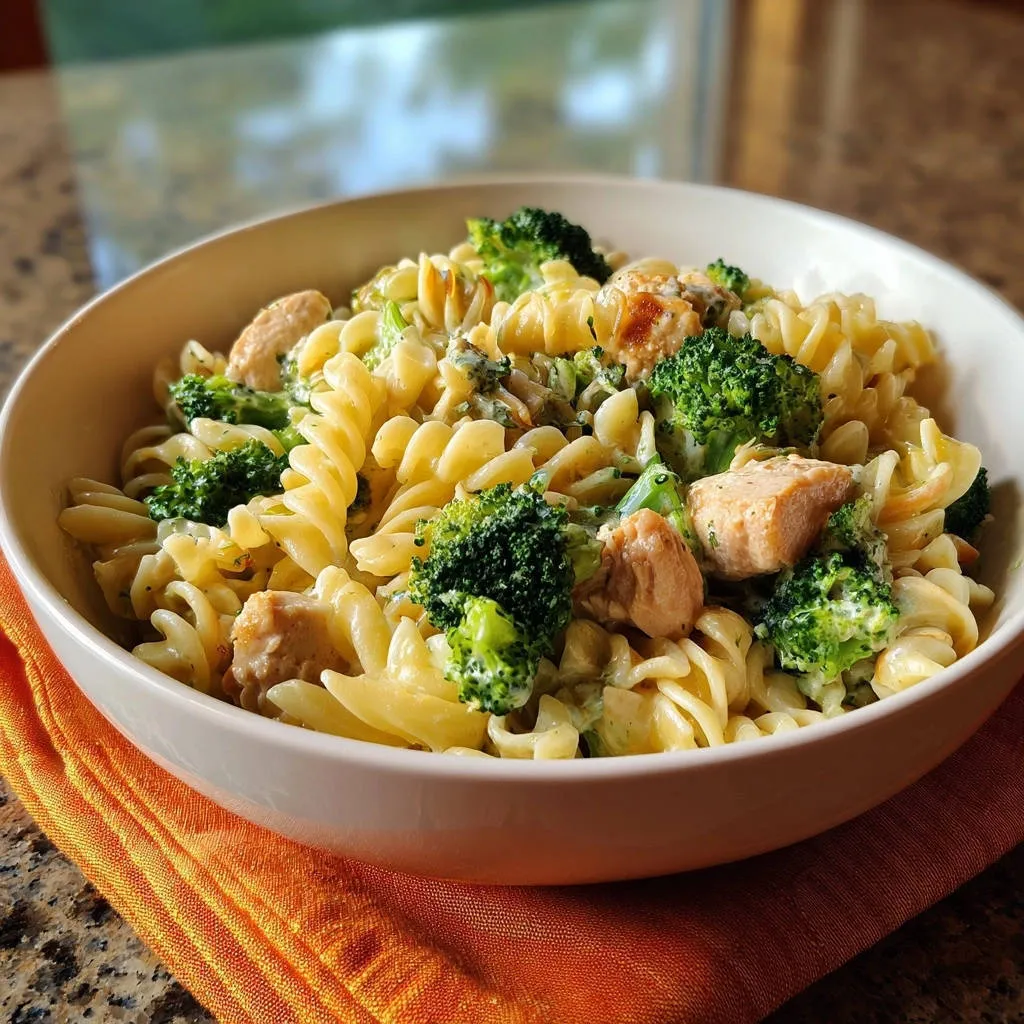 Creamy chicken and broccoli rotini in a white bowl, showcasing the spiraled pasta and tender chicken pieces.
