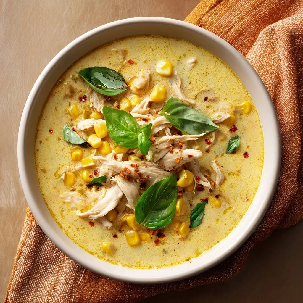 Creamy chicken and corn chowder presented in a white bowl, garnished with fresh basil and red pepper flakes.