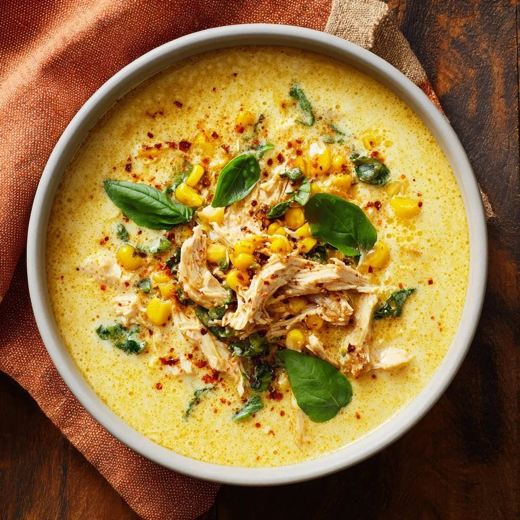 Creamy chicken and corn chowder in a light grey bowl, garnished with fresh basil and chili flakes.