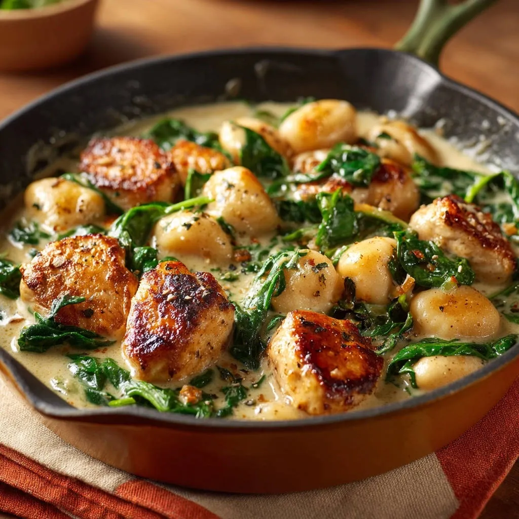 One-pan creamy chicken and gnocchi skillet with seared chicken pieces and wilted spinach in a rich sauce.
