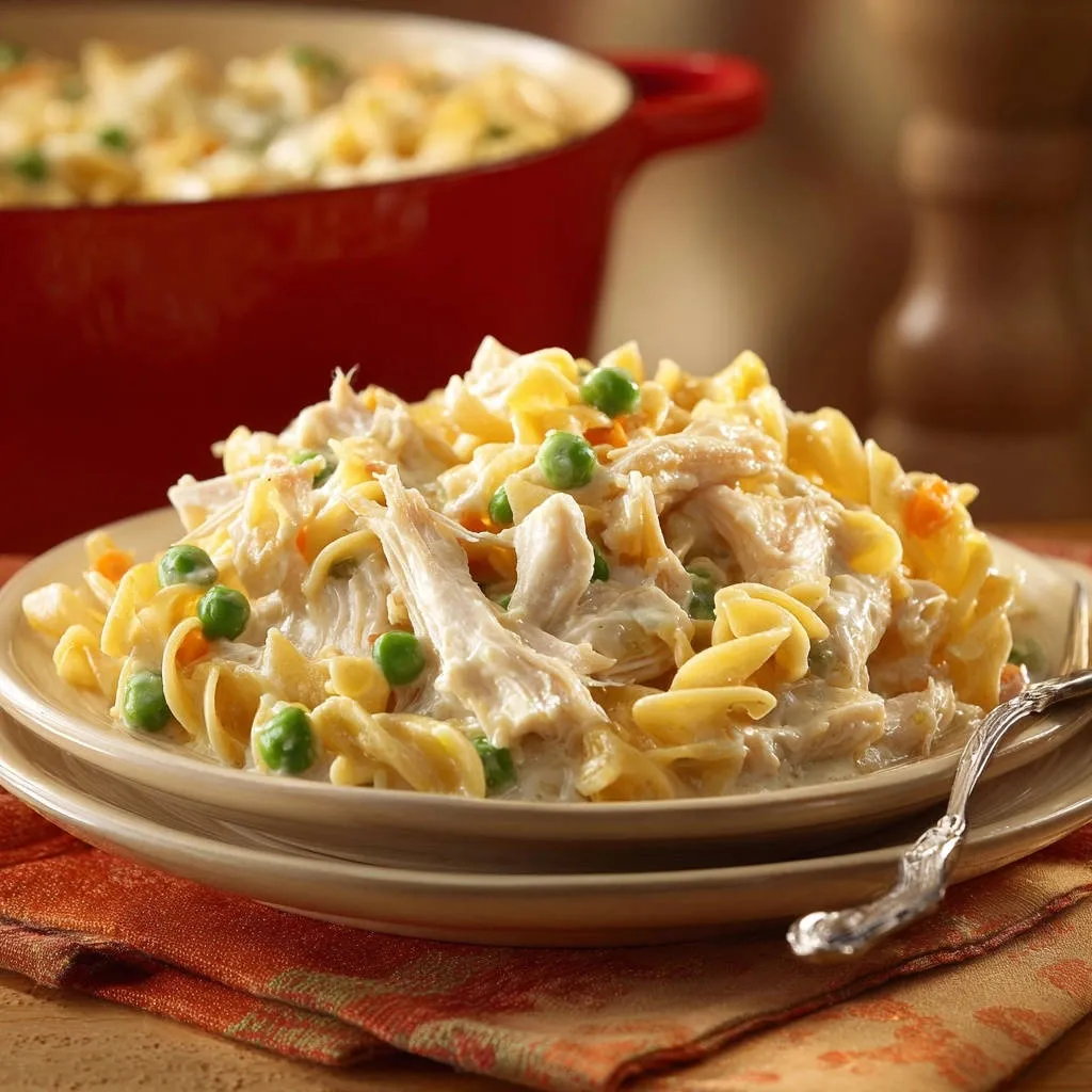 Creamy chicken noodle comfort served on a plate with a close-up view of the chewy noodles and shredded chicken.