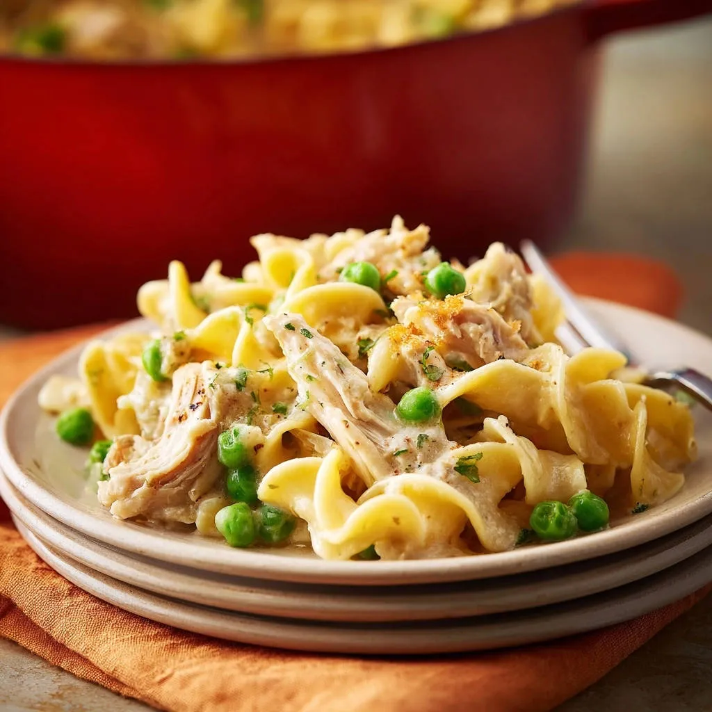 Creamy chicken noodle comfort served on a plate with peas and a fork, showcasing the rich sauce and tender noodles.