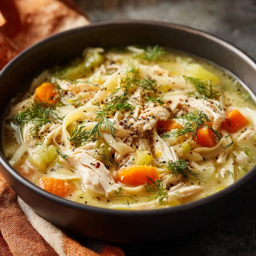 Creamy chicken noodle soup close-up in a dark bowl, showing noodles, chicken, carrots, and dill garnish.