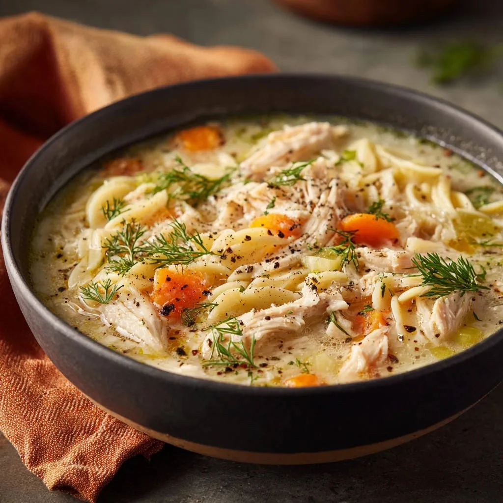 Creamy chicken noodle soup close-up with fresh dill garnish and cracked black pepper.