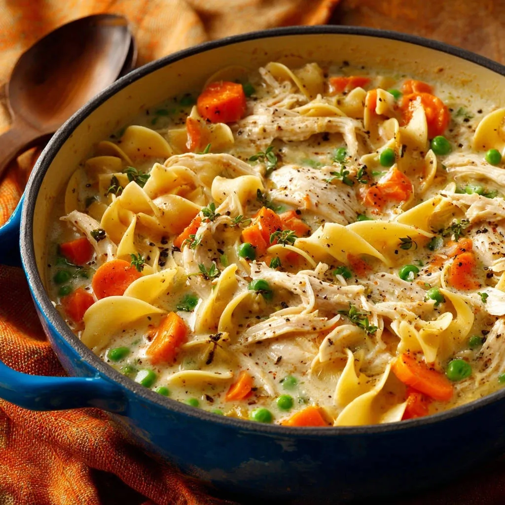 Creamy chicken noodle stew served in a blue Dutch oven with a close-up view of the tender noodles, chicken, carrots, and peas.