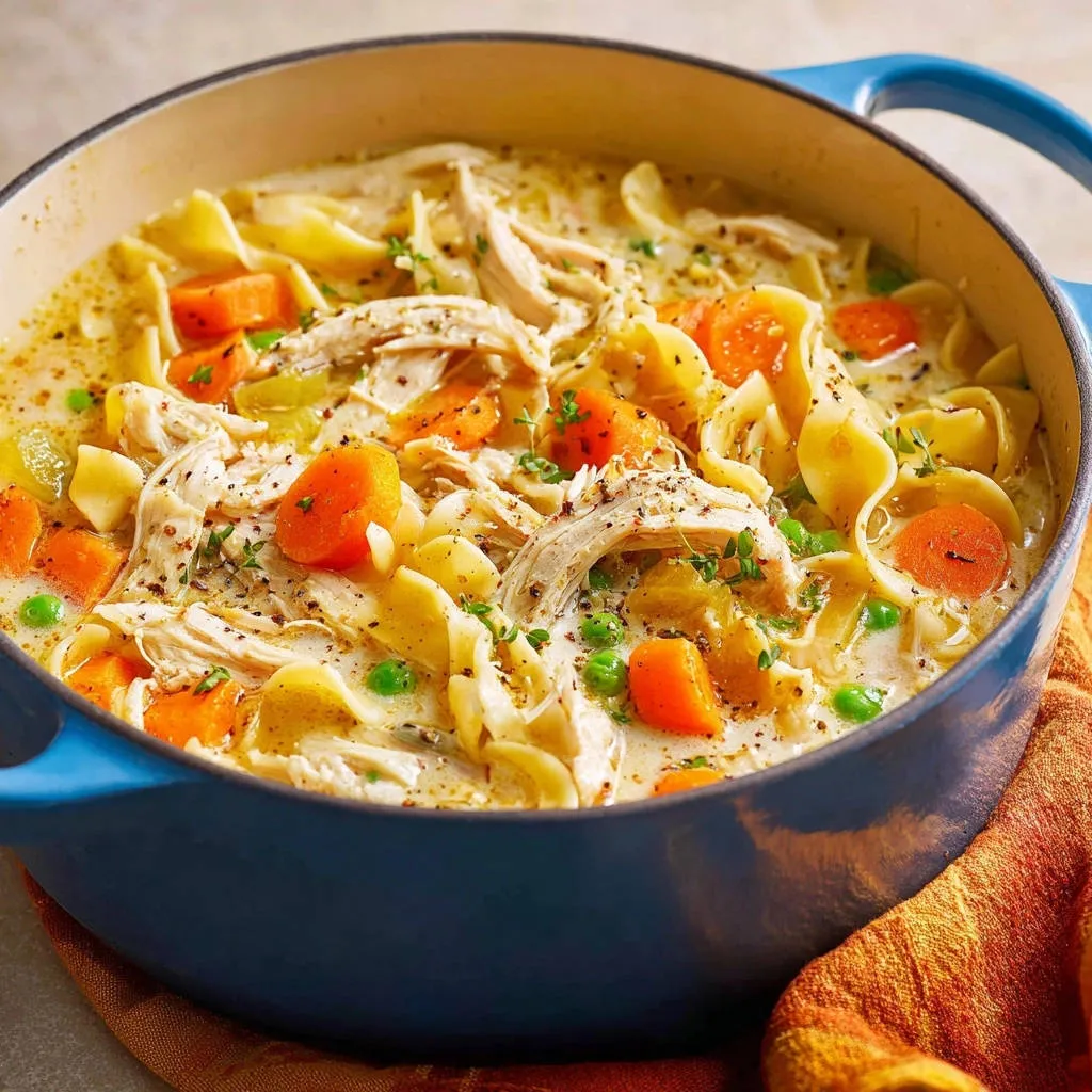 Creamy chicken noodle stew in a blue Dutch oven, showing noodles, chicken, and vegetables.