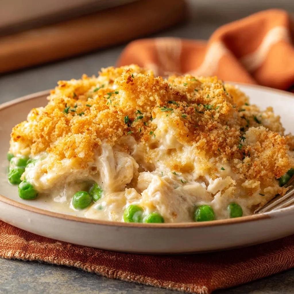 Creamy chicken and pea casserole with a golden, crisp breadcrumb topping and visible green peas.