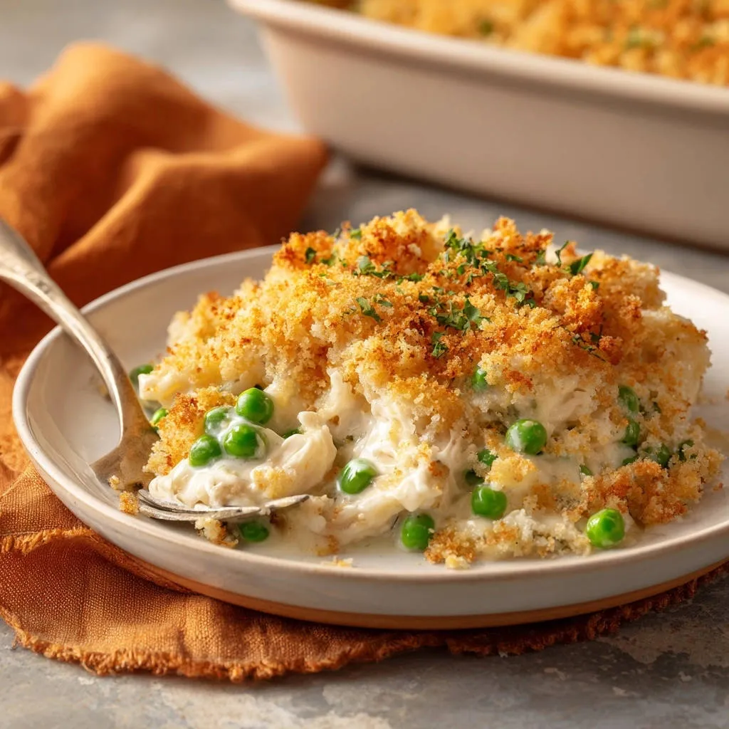 Creamy chicken and pea casserole served plated with a fork, showing the creamy interior and topping.