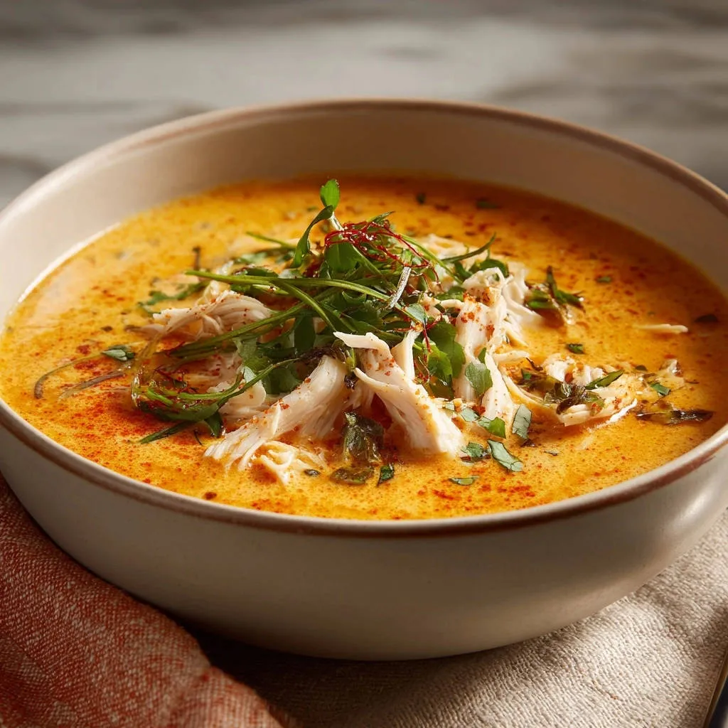 Creamy chicken poblano soup with shredded chicken and fresh greens garnish in a bowl.