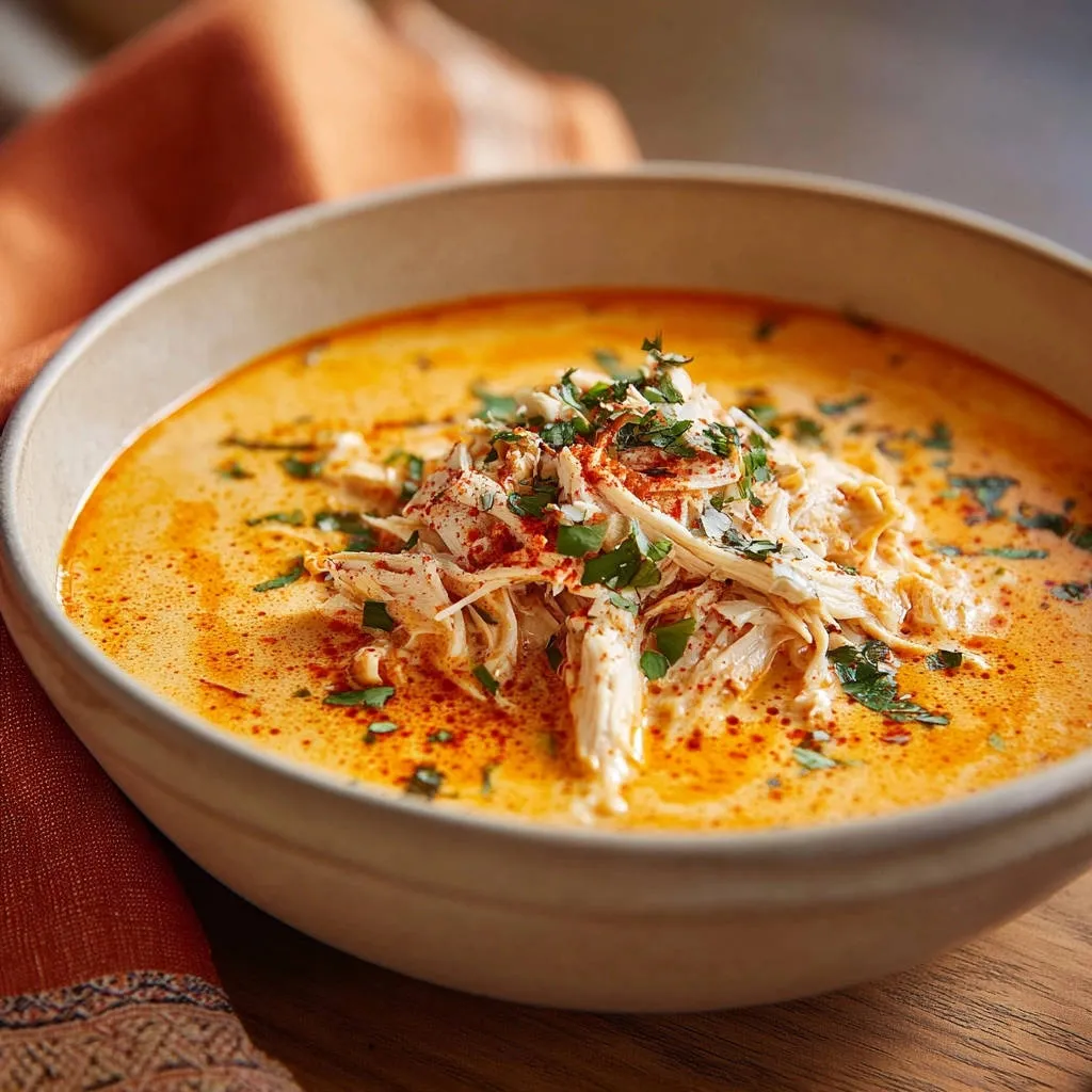 Creamy chicken poblano soup garnished with shredded chicken, parsley, and paprika in a bowl.