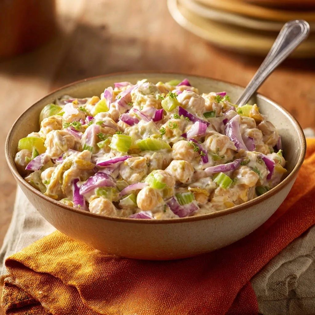 Creamy classic chickpea salad in a bowl, featuring a close-up view of the ingredients with a spoon.