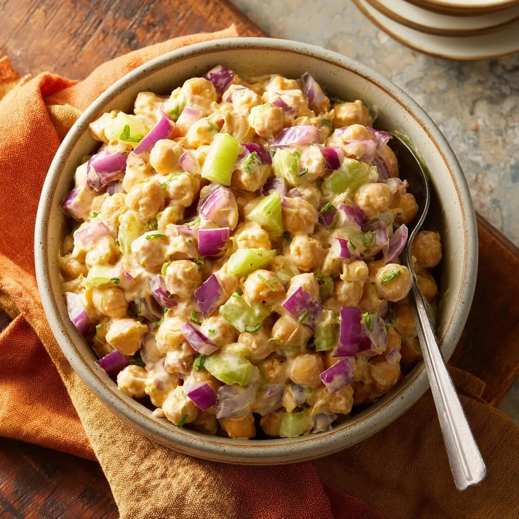 Creamy classic chickpea salad with red onion and celery in a bowl with a spoon, overhead view.