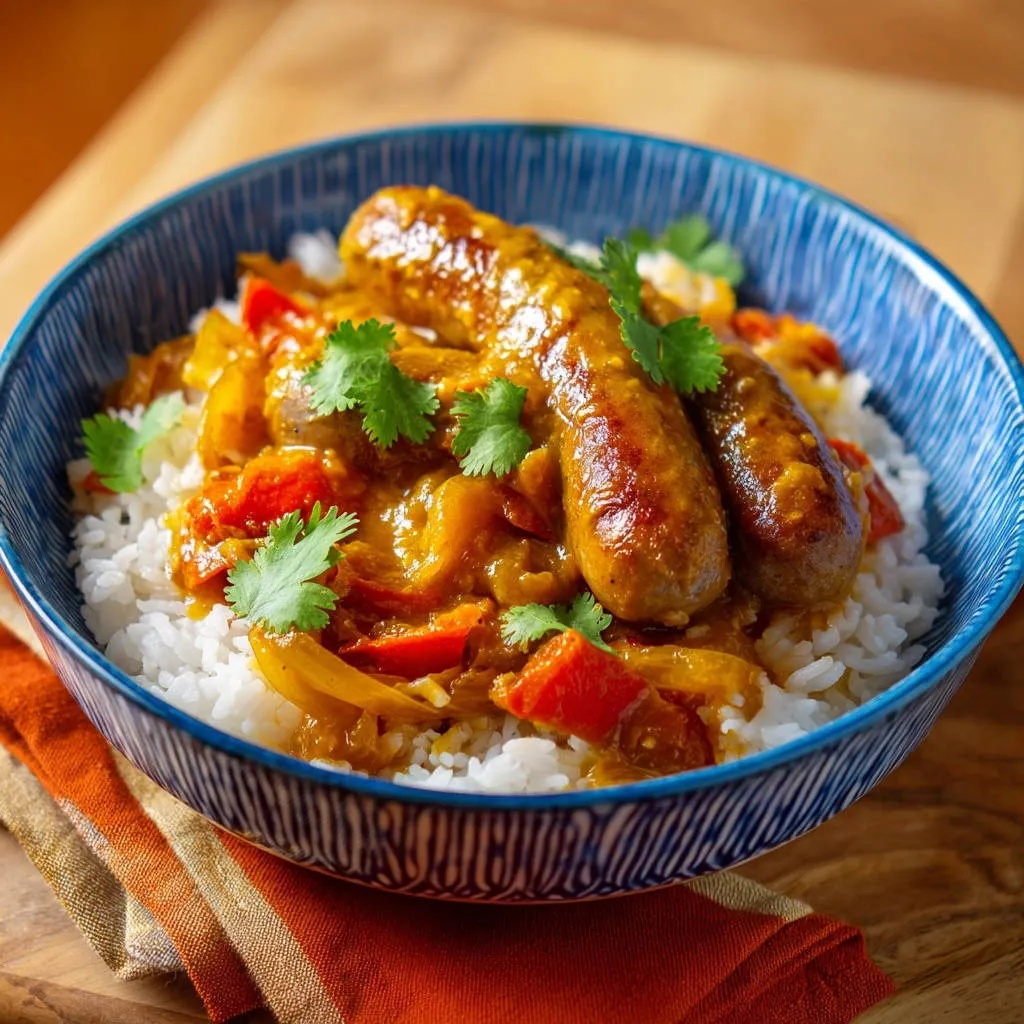 Creamy curry meatballs and rice served in a blue patterned bowl with fresh cilantro garnish.