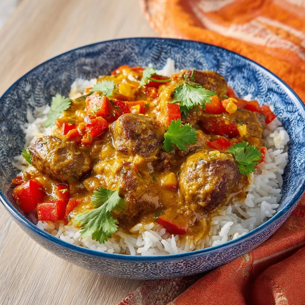 Creamy curry meatballs and rice shown in a blue patterned bowl with fresh cilantro garnish and red bell pepper pieces.