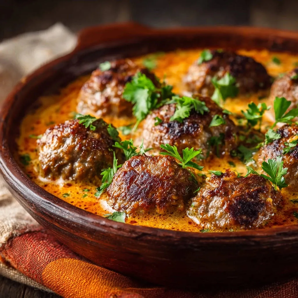 Creamy dinner meatballs served in a rich sauce and garnished with fresh parsley, presented in a rustic bowl.