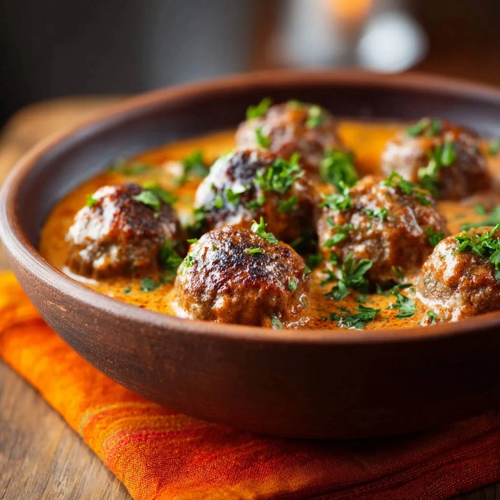 Creamy dinner meatballs in a rustic bowl, garnished with fresh parsley, showing a close-up view of the textured surface.