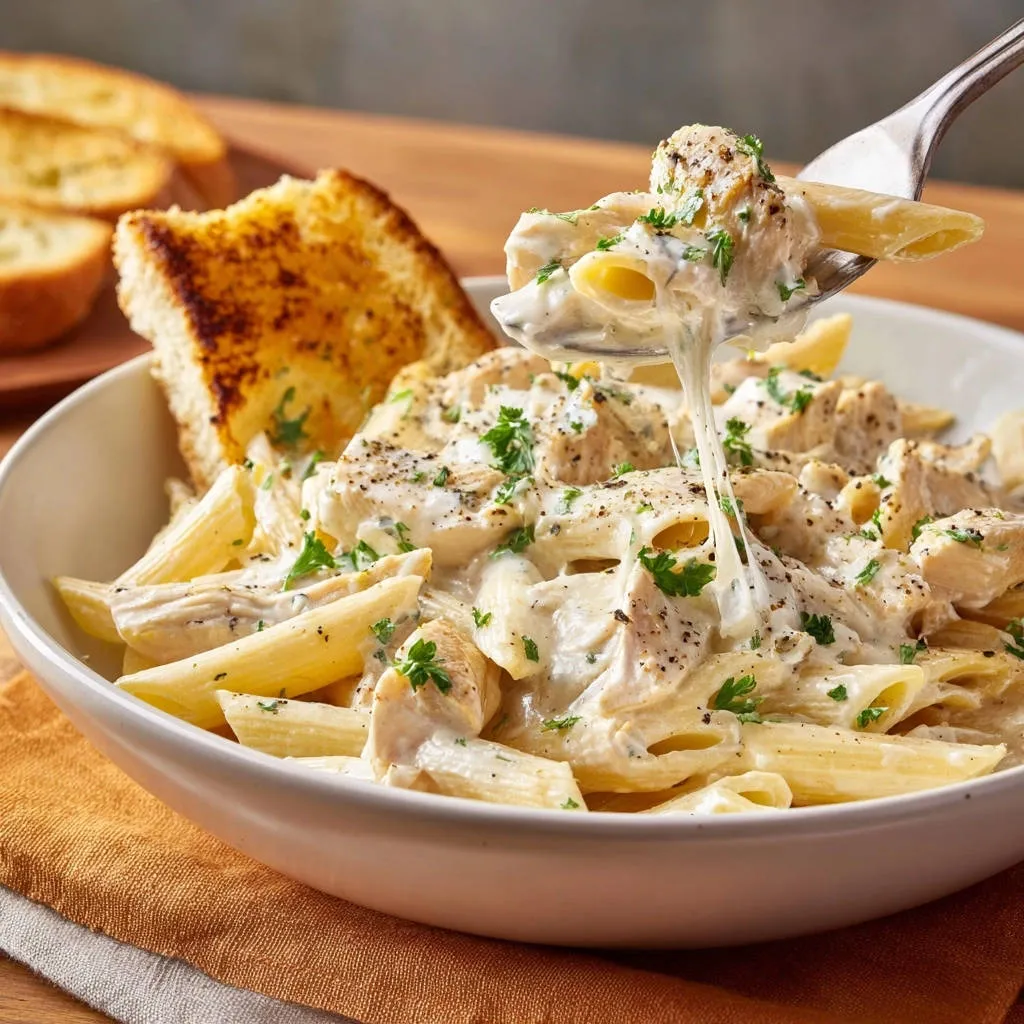 Creamy garlic chicken penne featuring a fork lifting pasta with a long, stretchy cheese pull, garnished with parsley.