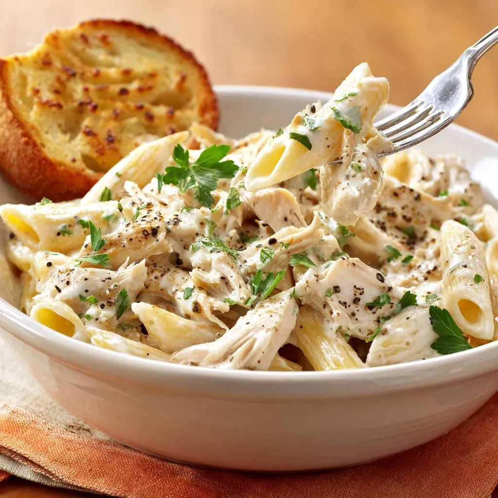 Creamy garlic chicken penne with a fork lifting a portion, showing the rich sauce and shredded chicken.