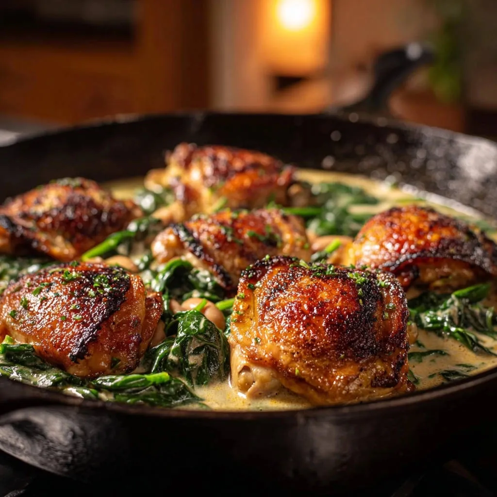 Creamy garlic chicken and white bean skillet shown from an overhead perspective with crispy chicken thighs nestled in spinach and sauce.