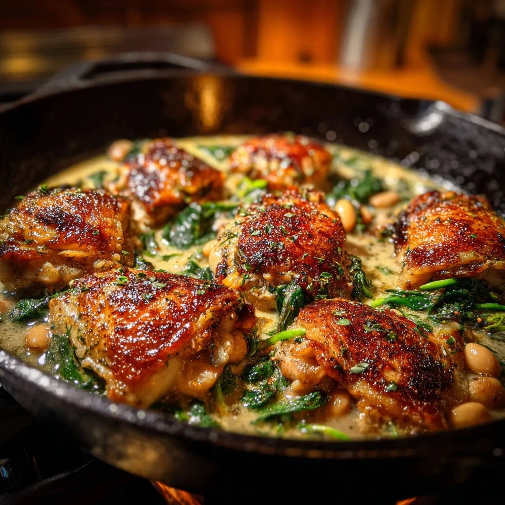 Creamy garlic chicken and white bean skillet shown in a cast iron pan with crispy chicken skin and wilted spinach.