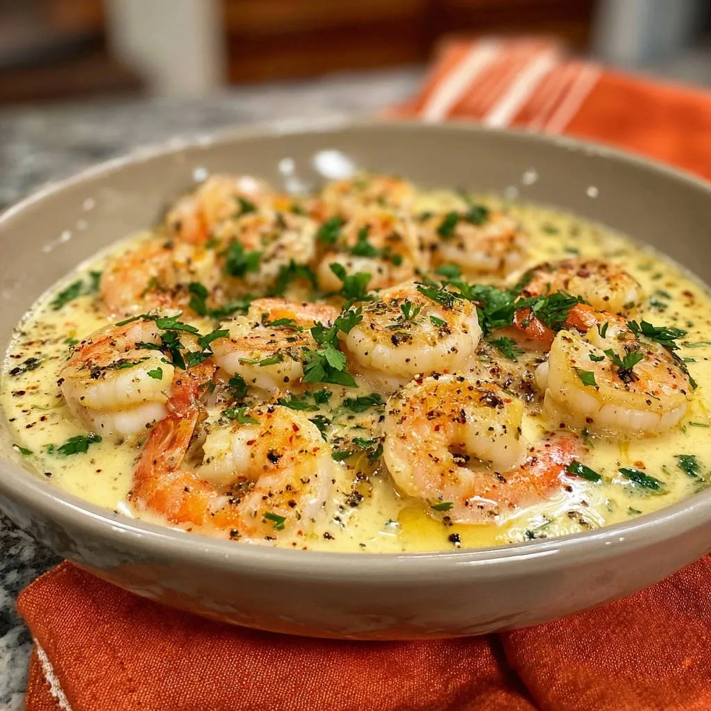 Creamy garlic herb shrimp in a bowl, shown in a close-up view with parsley garnish and visible seasoning.