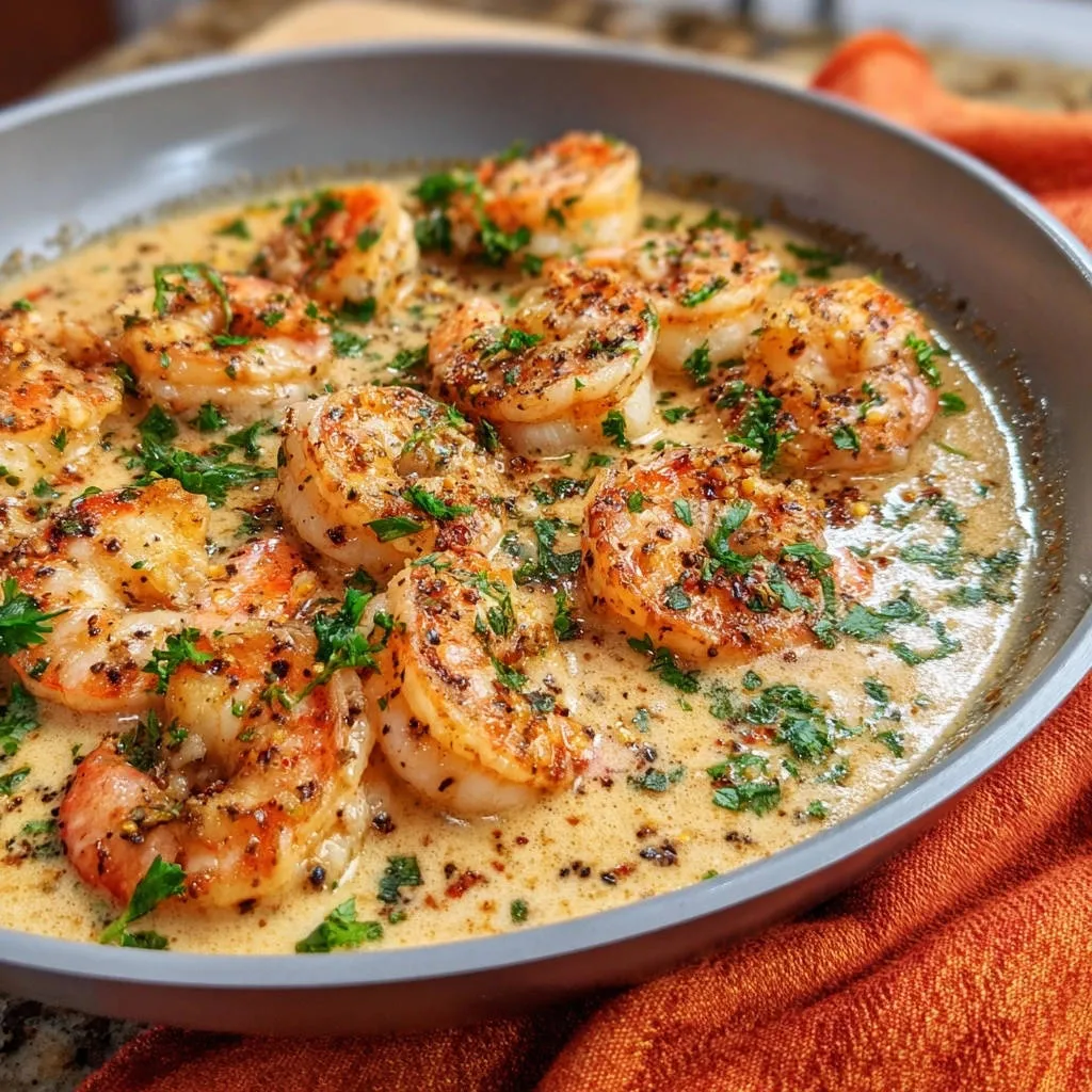 Creamy garlic herb shrimp in a skillet, showcasing a close-up view of the juicy shrimp and rich sauce.
