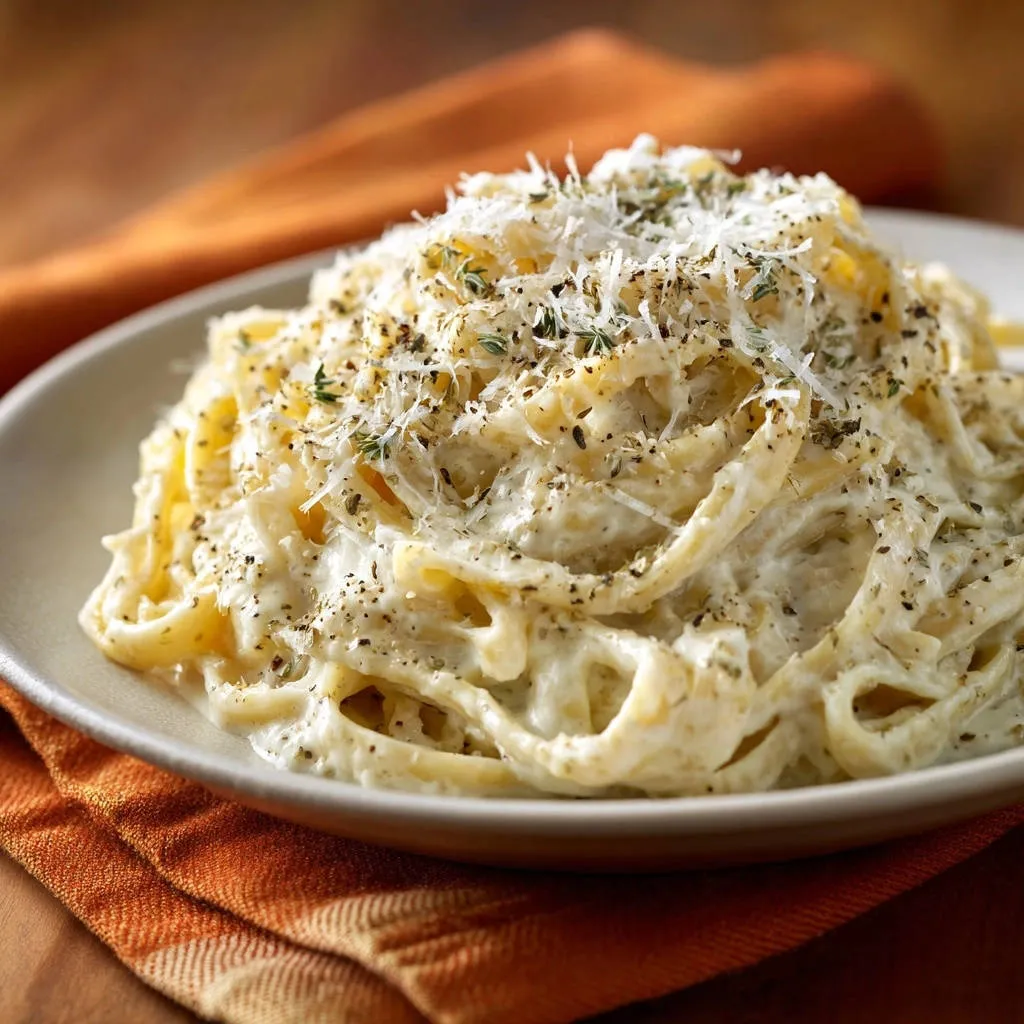 Creamy garlic parmesan fettuccine with a close-up view of the grated cheese and herb garnish.